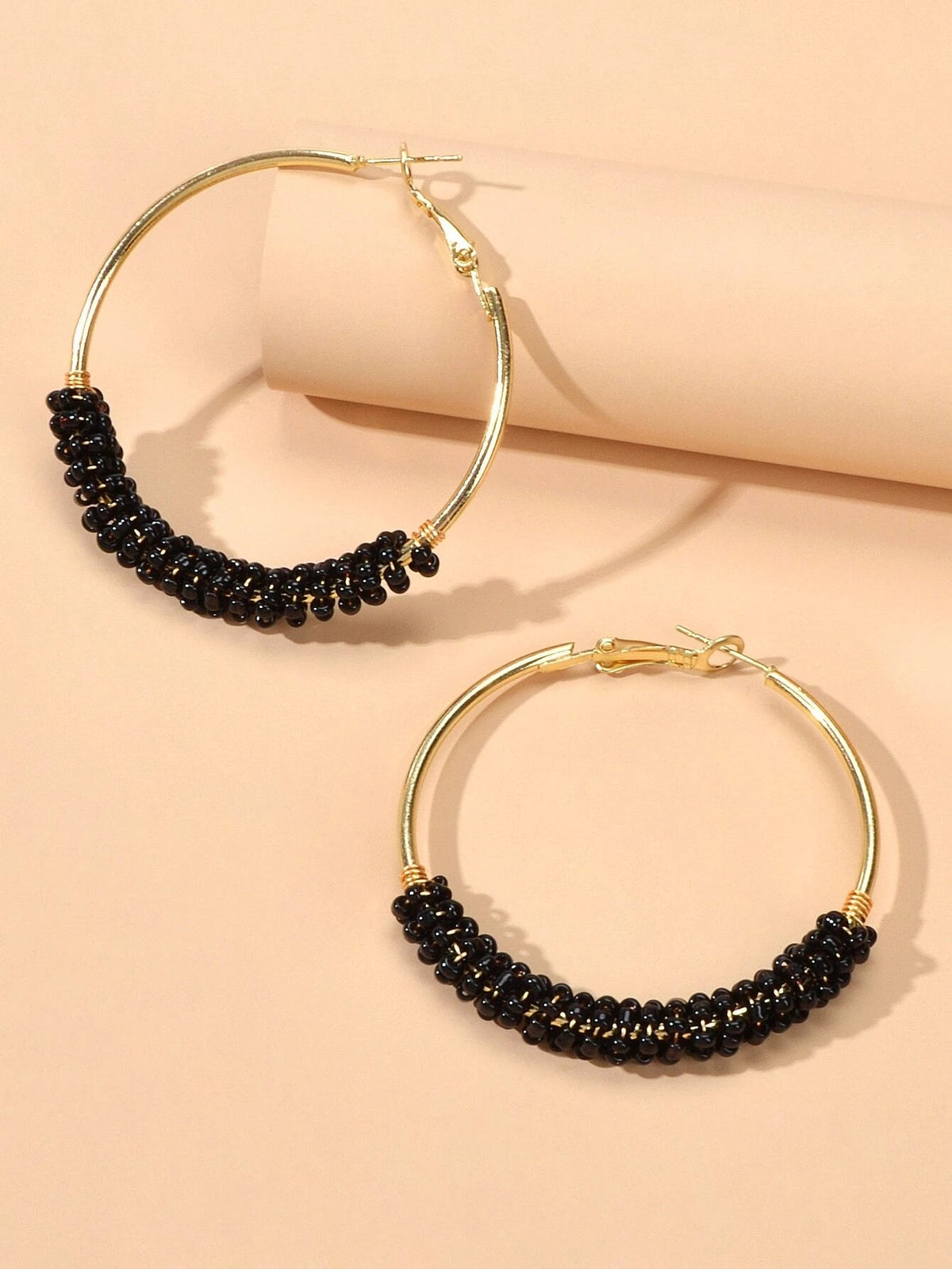 Bohemian Jewellery Handmade Black Beads Big Hoop Earrings Ethnic Women Accessory-2