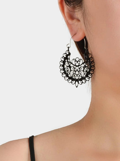 Traditional Black Hollow out Geometric Flower Hoop Earrings Designer Jewellery-2