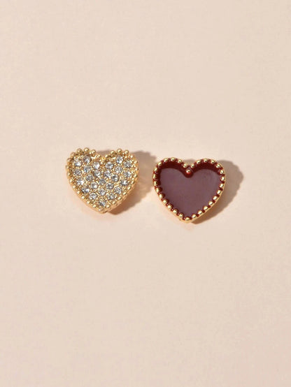 Full Rhinestone Red Enamel Heart Asymmetric Stud Gift Earrings For Women Teens-2