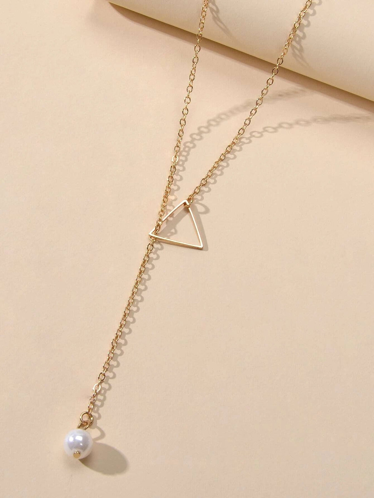 Minimalist Jewellery Pearl Long Gold Chain Triangle Y Lariat Pendant Necklace-2