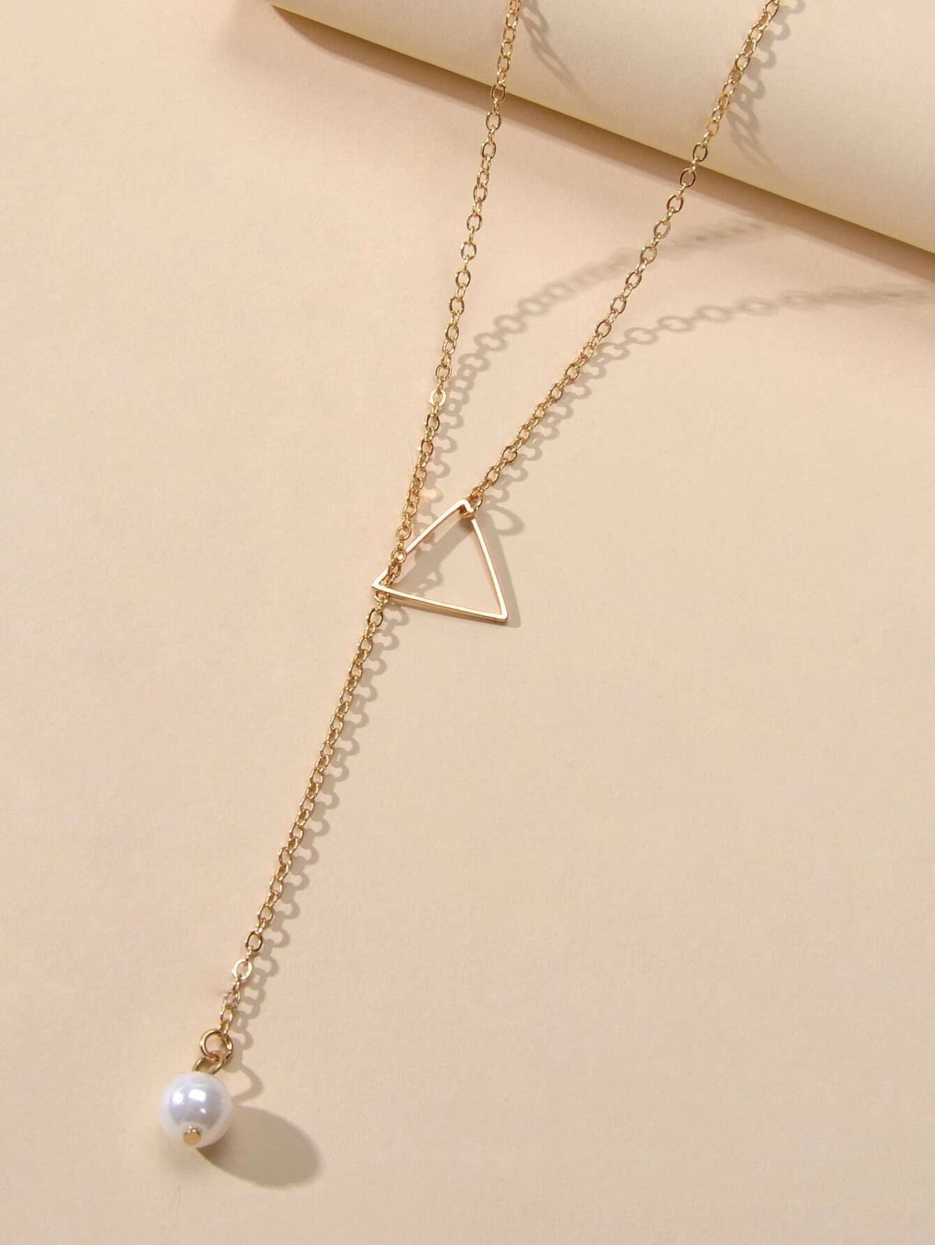 Minimalist Jewellery Pearl Long Gold Chain Triangle Y Lariat Pendant Necklace-2