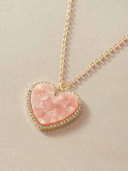 Gold Chain Rhinestone Pink Love Heart Charm Necklace Girlfriend Gift Jewellery-2