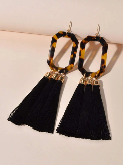 Bohemian Jewellery Leopard Acrylic Black Tassel Dangle Earring Ethnic Accessory-2