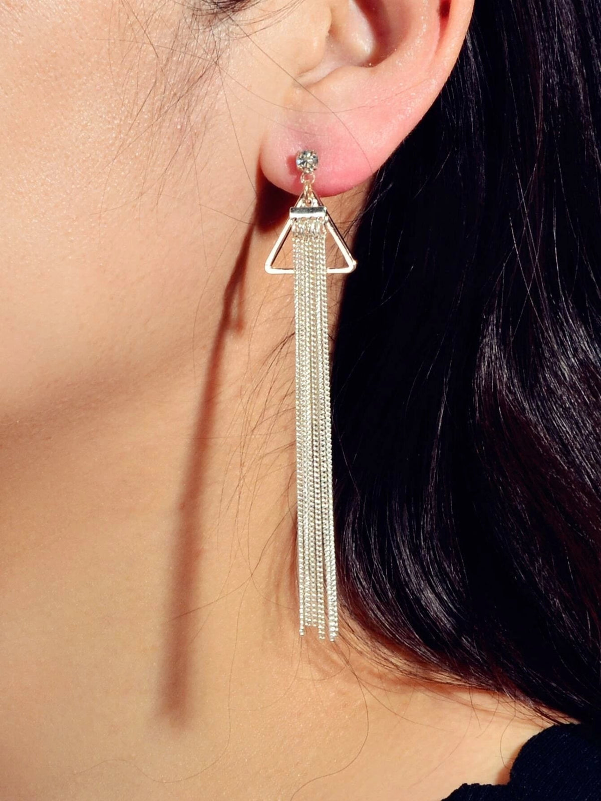 Rhinestone Triangle Silver Tassel Long Chain Drop Dangle Party Stud Earrings-2