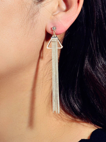 Rhinestone Triangle Silver Tassel Long Chain Drop Dangle Party Stud Earrings-2