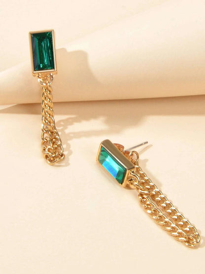 Gold Tone Chain Green Square Drop Dangle Earrings Ear Jacket Tassel Stud Jewelry-2