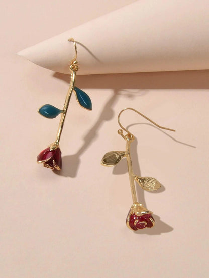 Feelontop Winered Rose Flower Drop Dangle Earrings Women Teens Party Accessories-2