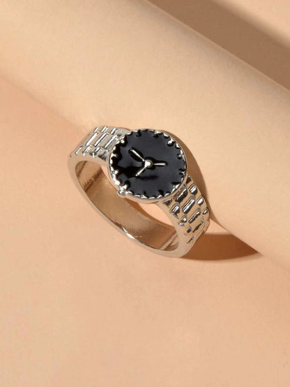 Black Enamel Watch Design Silver Fashion Women Cute Finger Ring Wholesale Price-2