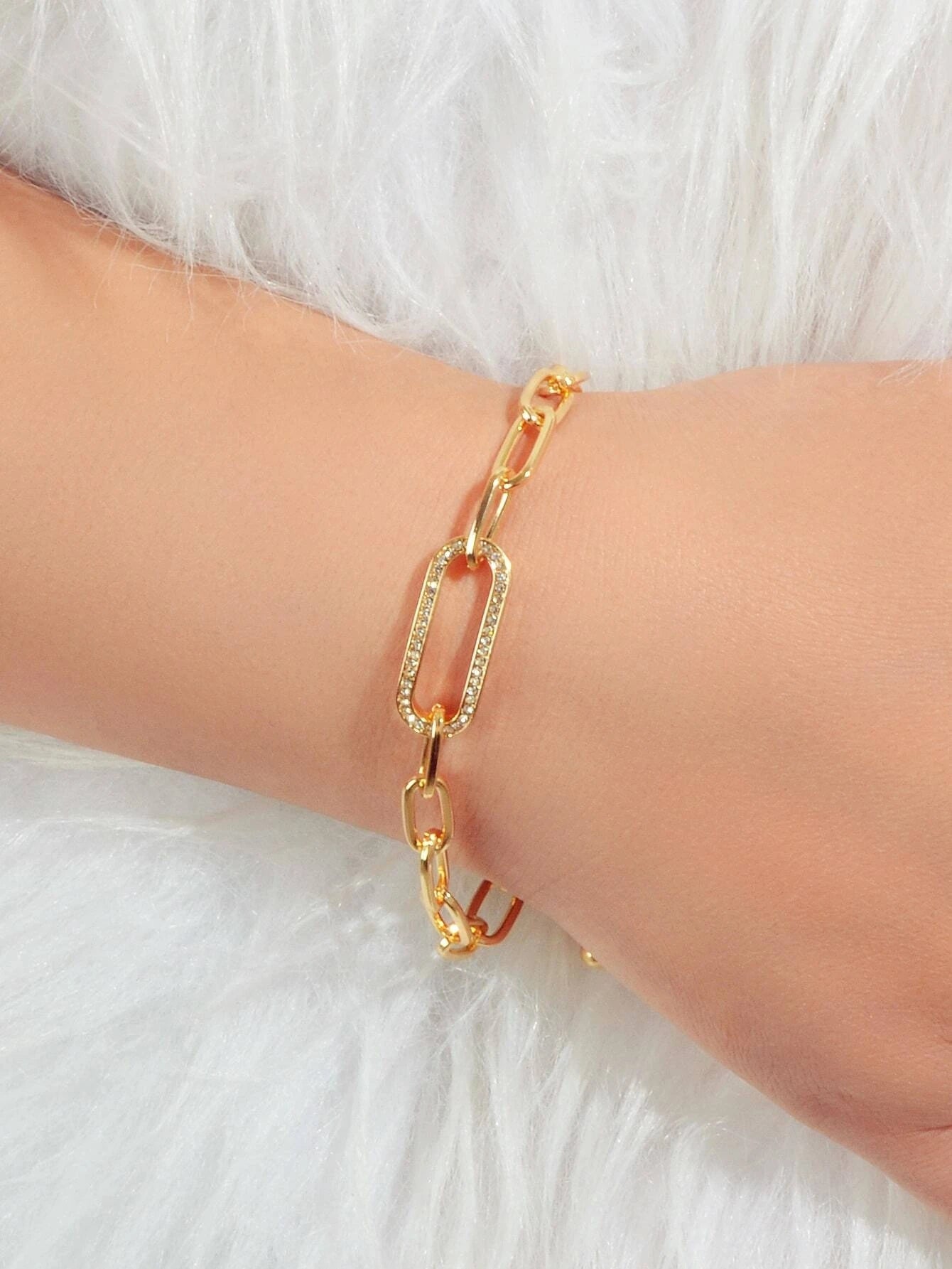 Rhinestone Decor Geometric Gold Chunky Solid Chain Bracelet Women Teens Jewelry-2