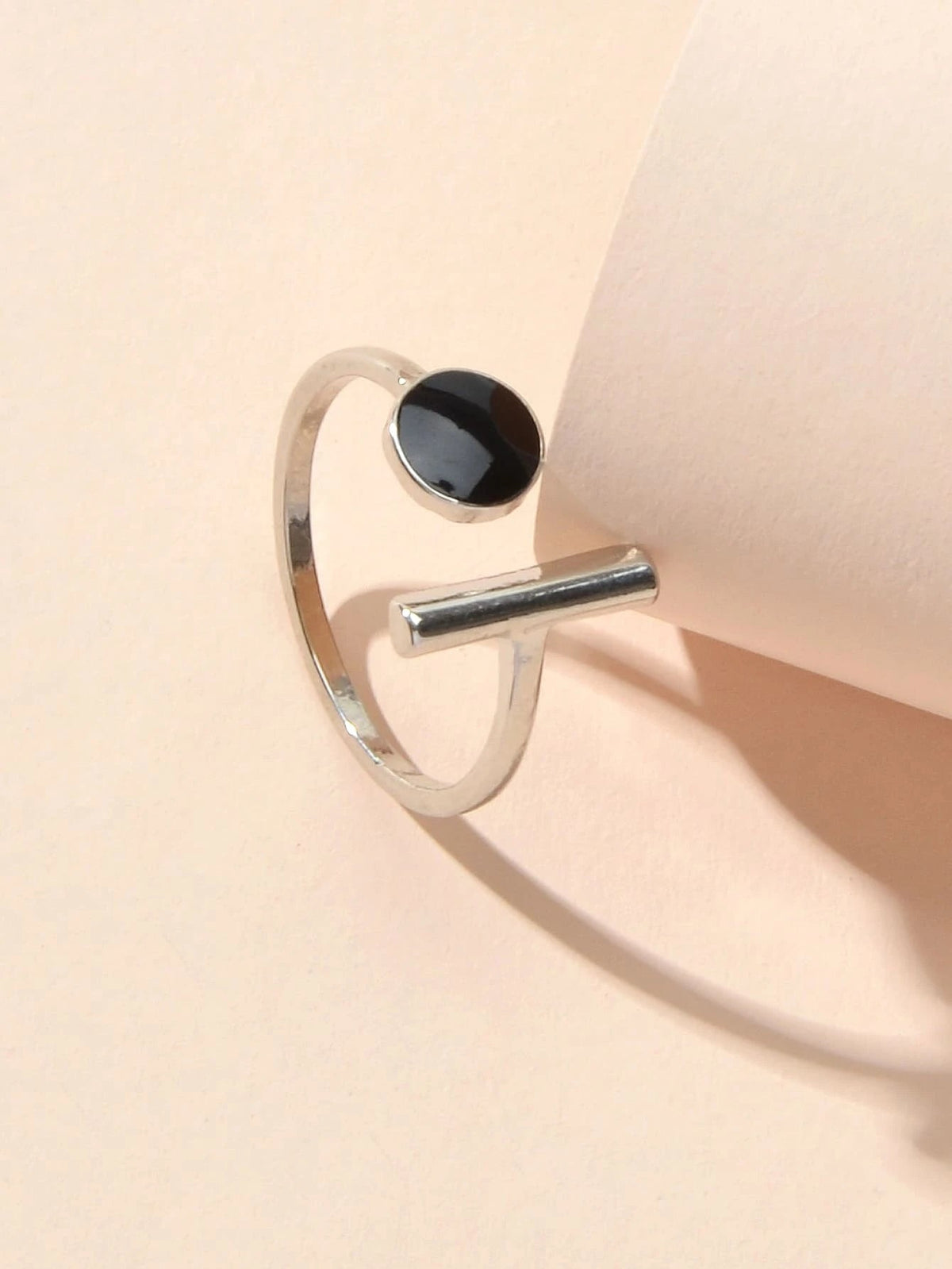 Textured Jewellery Black Enamel Round Bar Silver Open Cuff Finger Women Ring-0