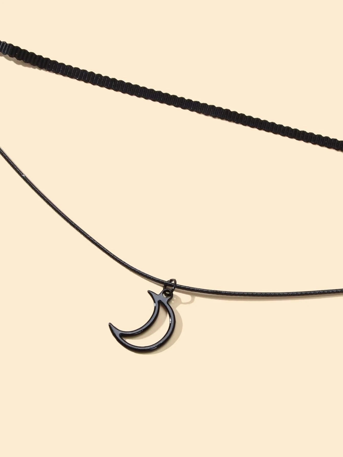 Gothic Black Pu Leather Double layer Chain Moon Star Charm Punk 90s Tattoo Choker-2