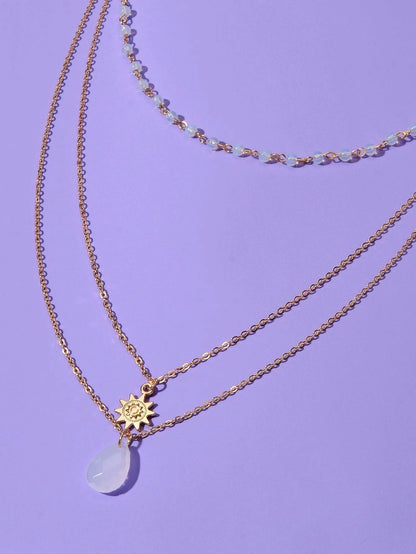 Triple Chain Star Water Drop Beads Necklace Creative Handmade Dainty Jewellery-2
