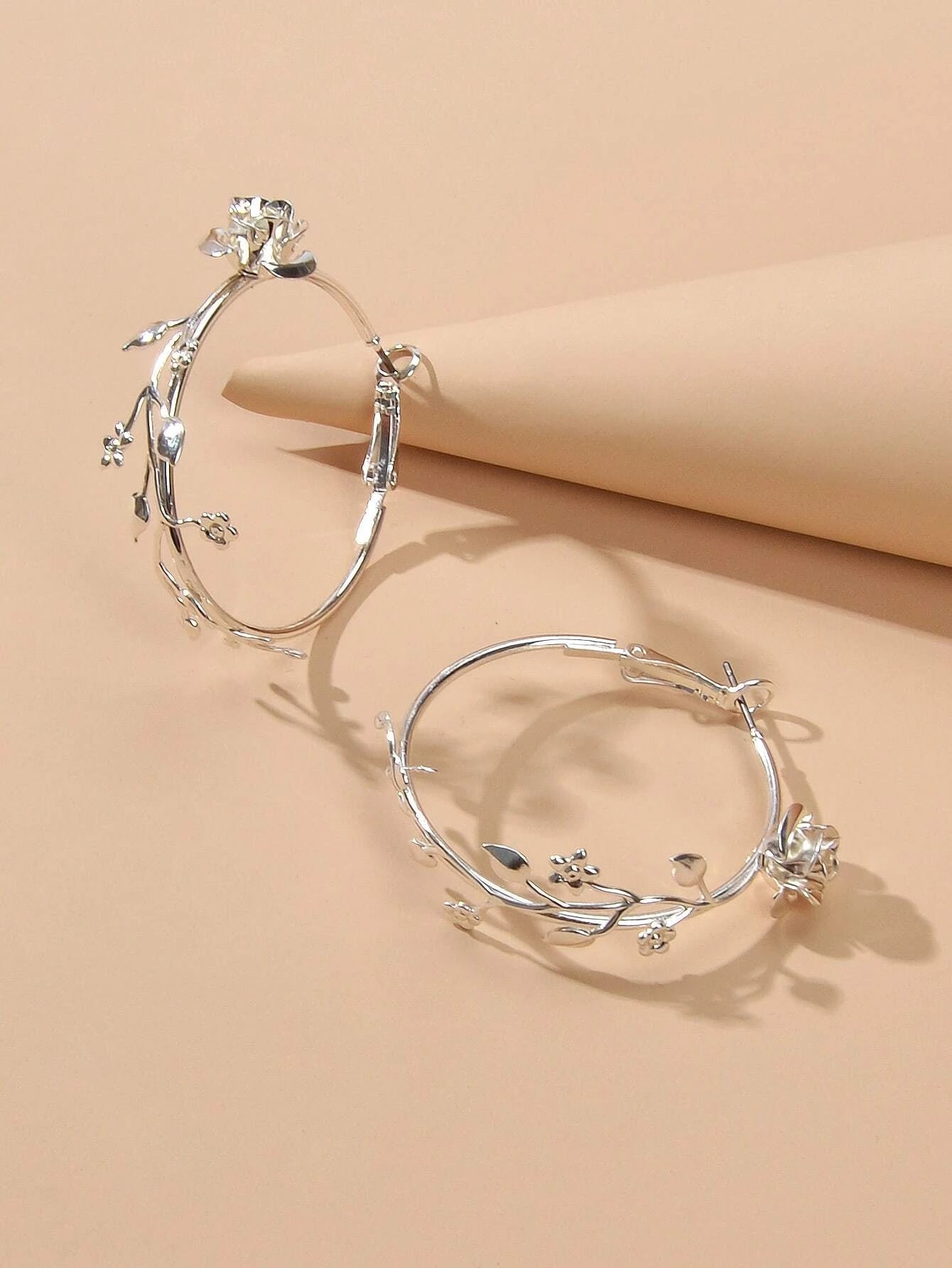 Traditional Silver Leaf Rose Flower Big Dangle Chunky Hoop Statement Earrings-2