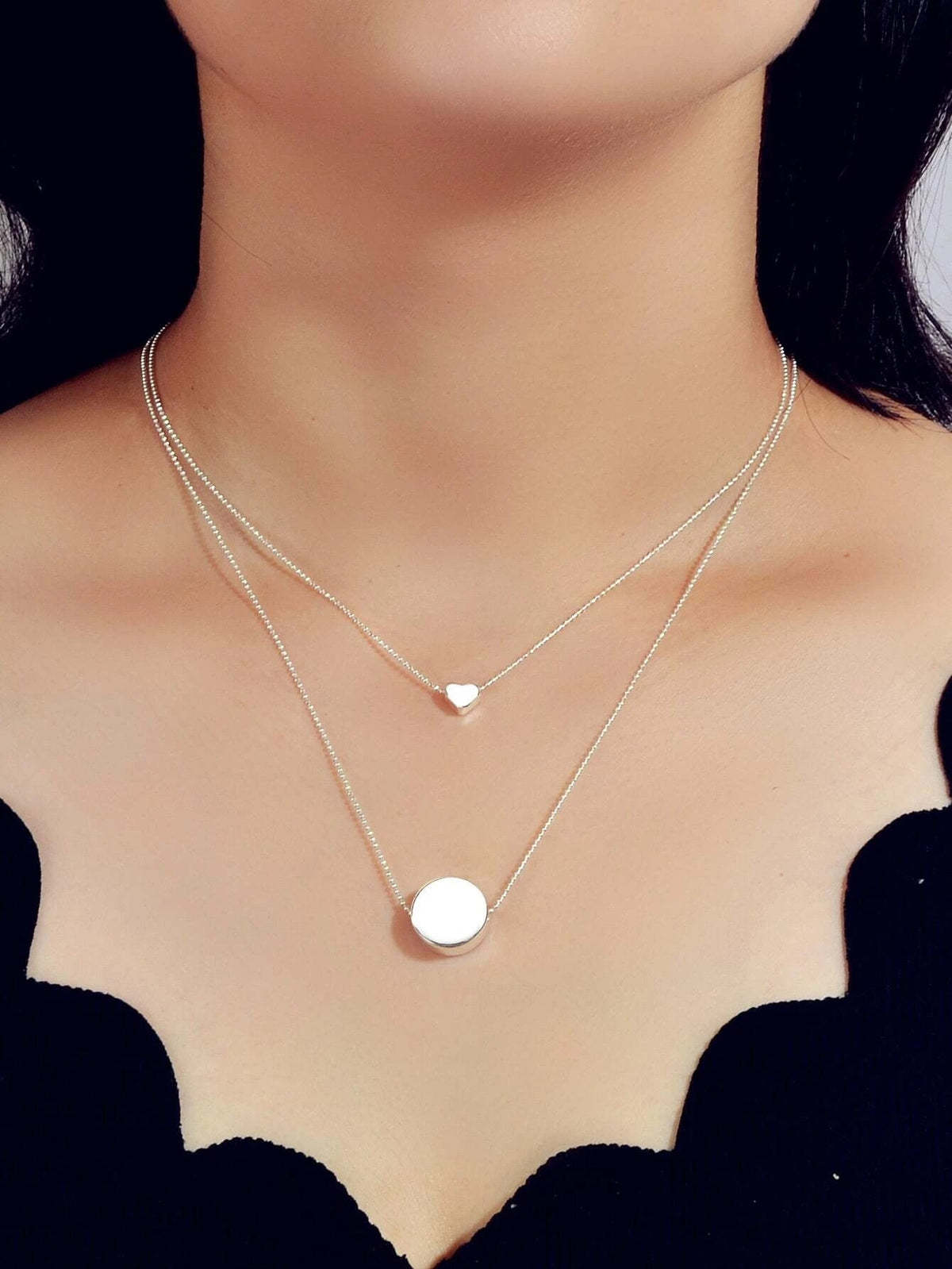 2 pcs Popular Jewellery Silver Chain Love Heart Round Charm Necklace Accessories-2