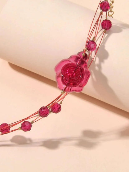 Fashion Jewellery Multi-layer Beads Chain Resin Red Rose Flower Women Bracelet-2