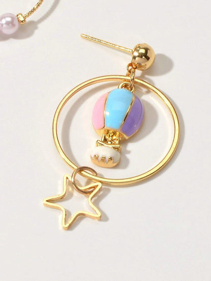 Lovely Jewellery Pearl Hot Air Balloon Clouds Star Charm Asymmetric Earrings-2
