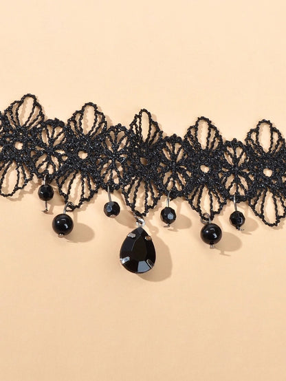 Black Lace Flower Water Drop Gothic 90s Tattoo Choker Necklace Halloween Jewelry-2
