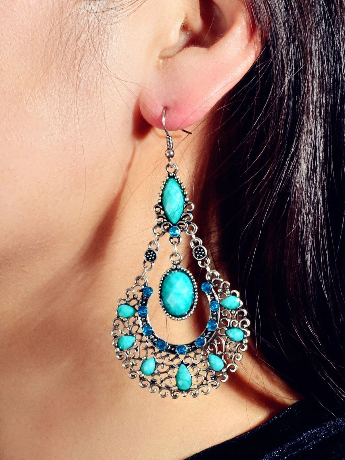 Bohemian Tribal Ethnic Antique Silver Rhinestone Hollow Water Drop Chic Earrings-3