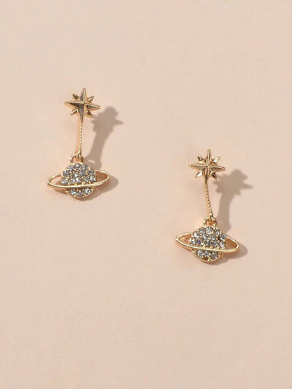 New Designer Rhinestone Gold Silver Planet Star Stud Pierced Earrings Ear Jacket-2