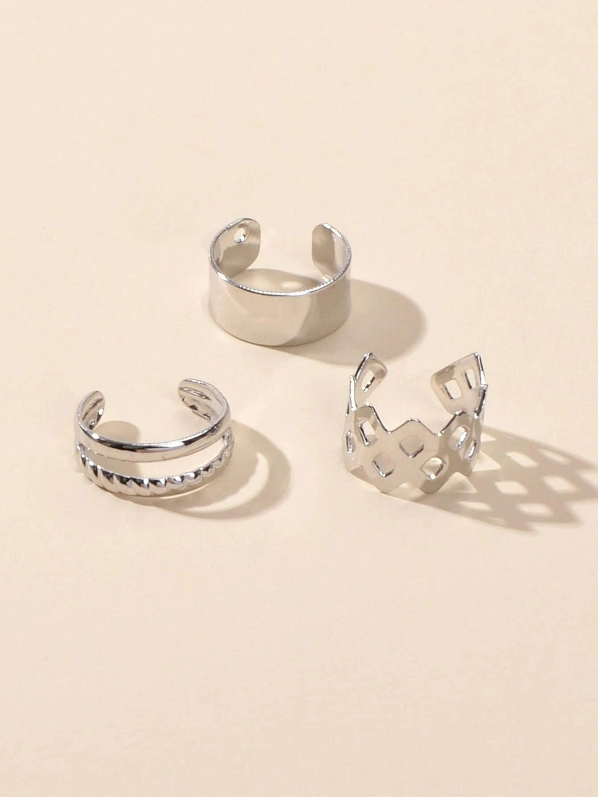 3 pcs Rock Style Silver Geometric Ear Cuff Earrings set Teens Clip on Jewellery-2