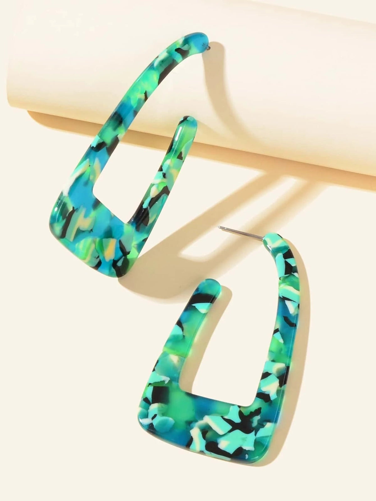 Statement Mottled Green Resin Geometric Dangle Polygonal Bohemian Earrings Gift-2