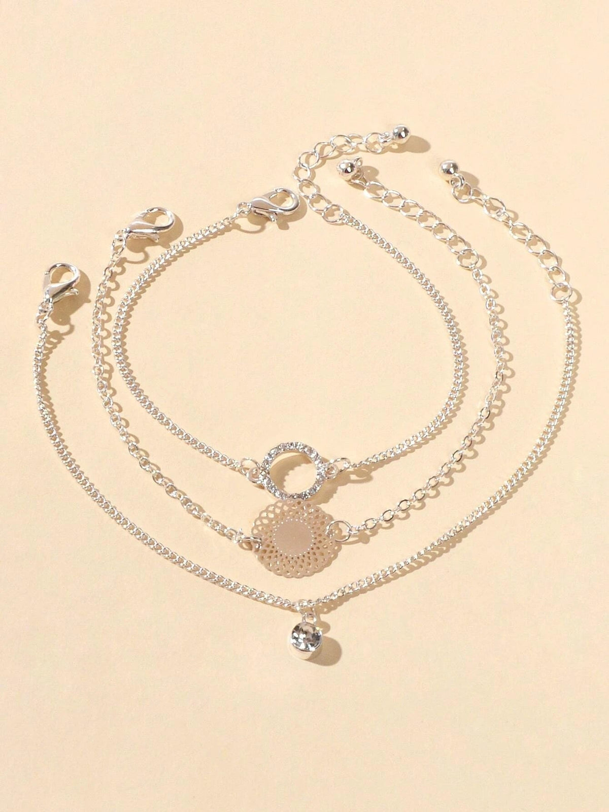 3 pcs/set Fashion Jewellery Silver Chain Rhinestone Circle Charm Bracelet Gift-2