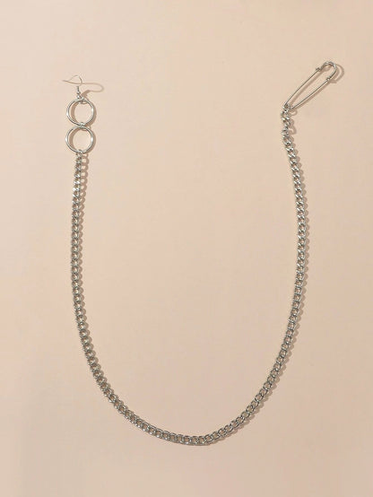 1pc Hiphop Punk Jewellery Rock Silver Long Tassel Chain Safety Pin Drop Earrings-2