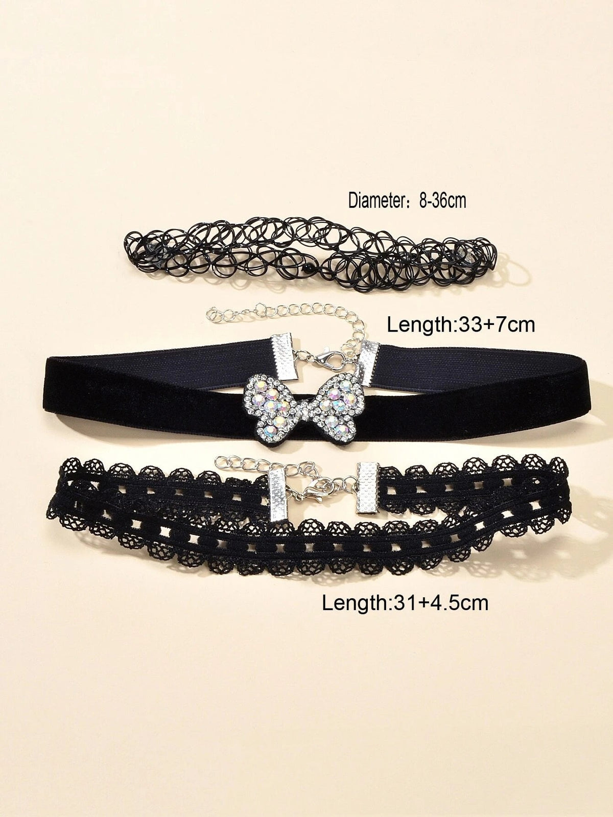 Black Elastic Rhinestone 3pcs Lace Flower Bow Velvet Boho Punk 90s Tattoo Choker-2