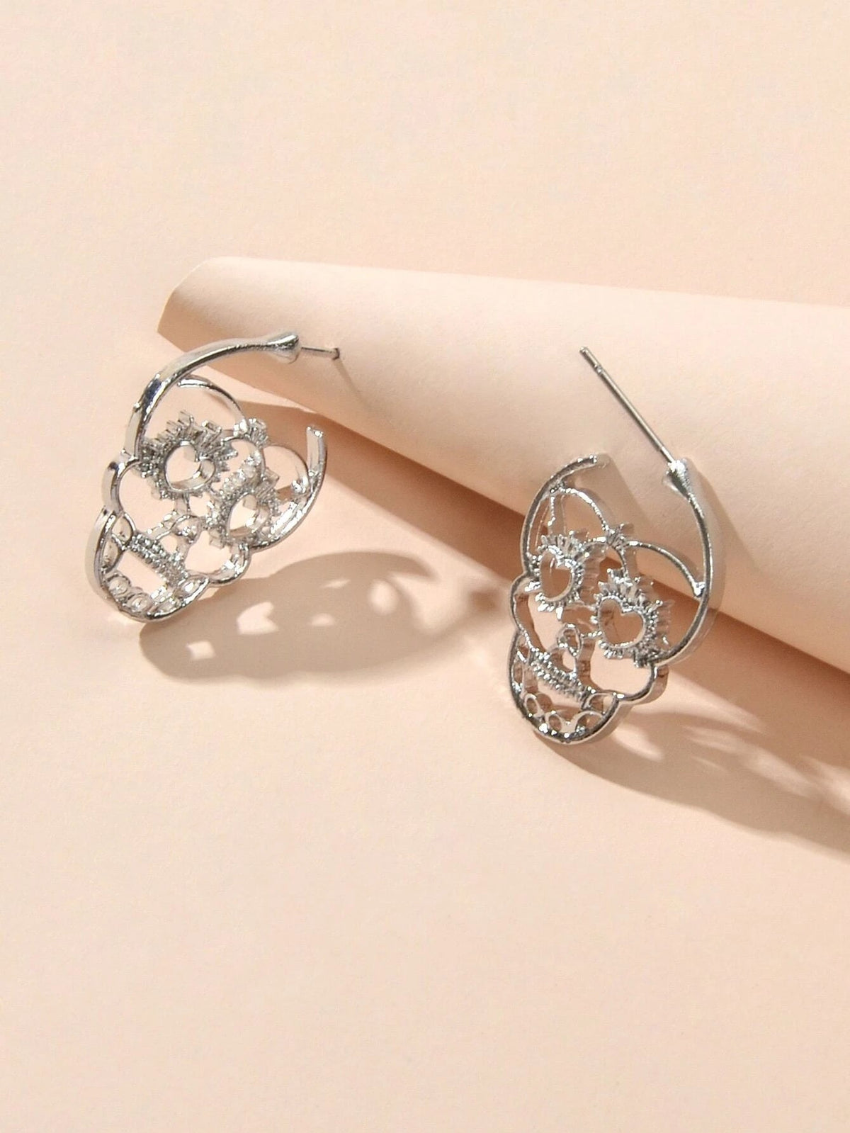 Silver Hollow out Halloween Skull Statement Stud Earrings Women Punk Jewellery-3