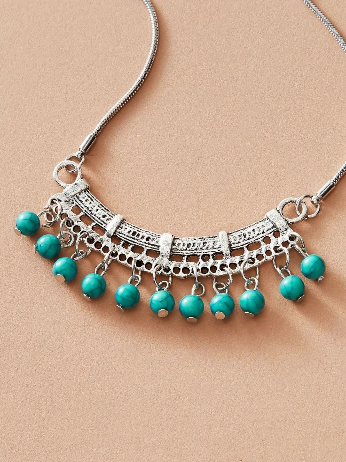 Tribal Ethnic Antique Silver Chain Turquoise Bead Bib Necklace Boho Blue Jewelry-2