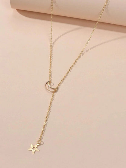 Jewellery set Star Charm Y-lariat Necklace and 5 pcs Midi Knuckle Stack Rings-2
