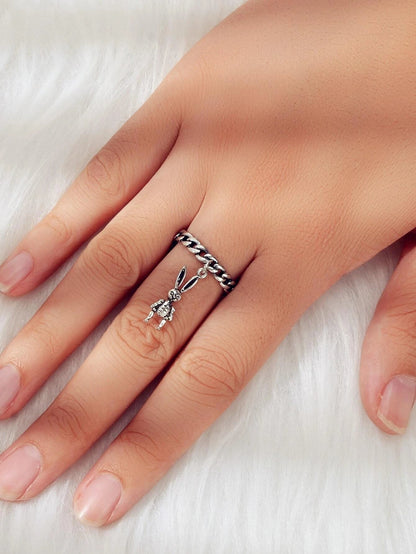 Punk Jewellery Antique Silver Rabbit Charm Finger Cuff Ring Women Accessories-2