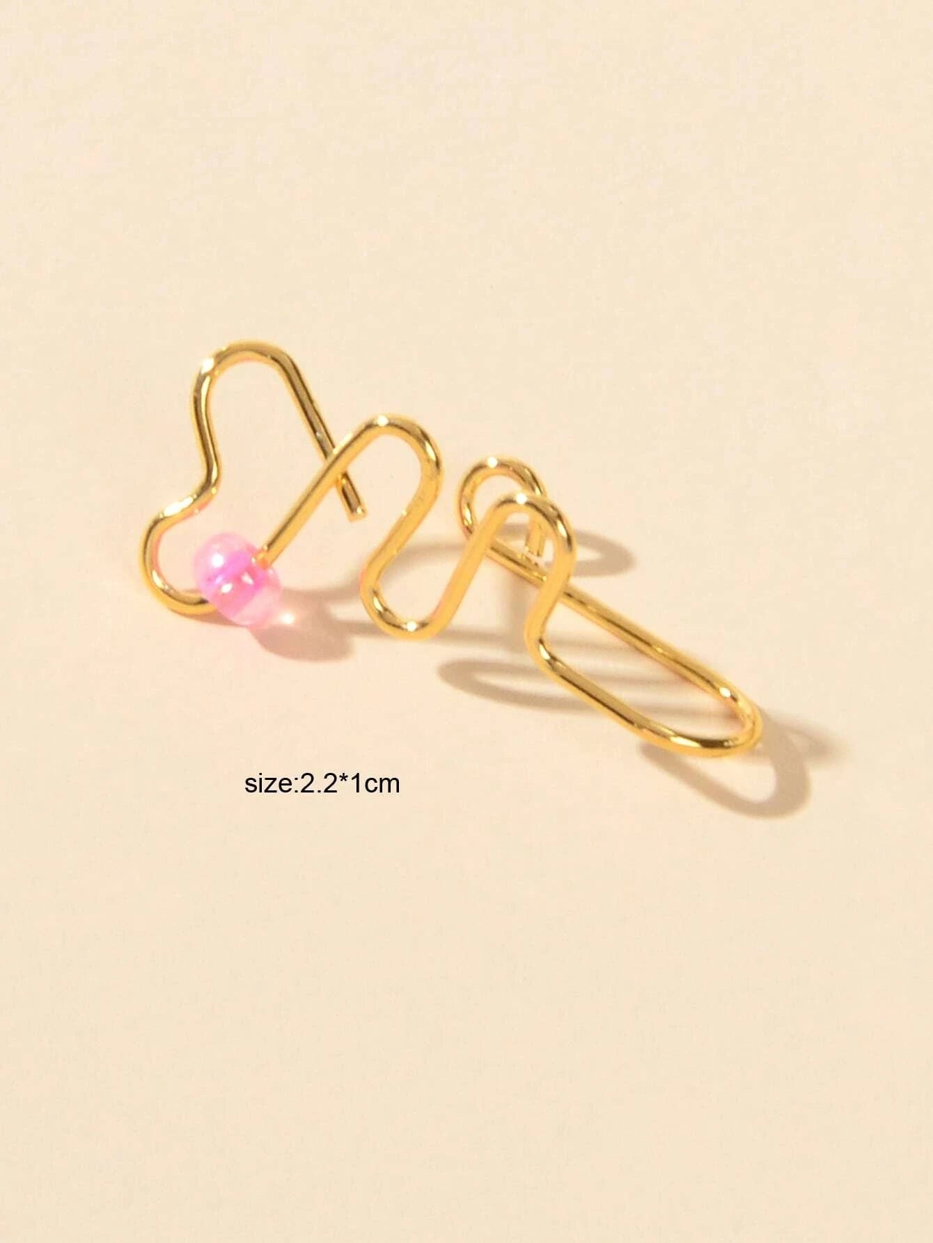 Lip Ear Fake Gold Heart Nose Rings Studs Bead Clip On Nose Hoop Piercing Jewelry-2