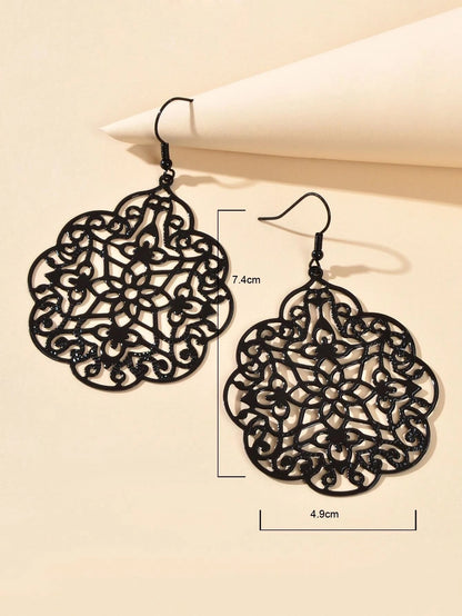 Retro Black Hollow out Geometric Pattern Big Vintage Drop Dangle Party Earrings-2