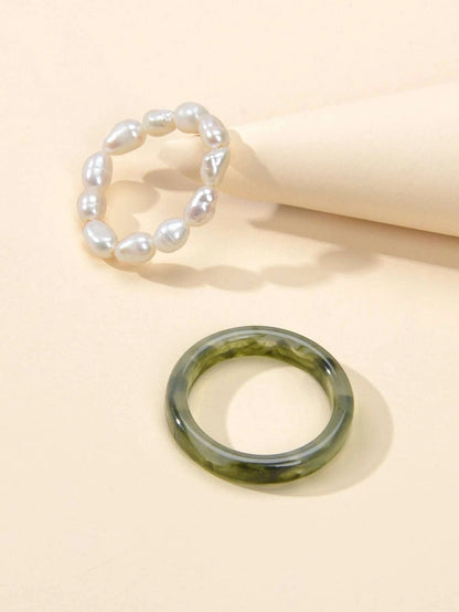 Feelontop 2pcs Pearl Elastic Retro Green Red Acrylic Ring New Women Accessories-2