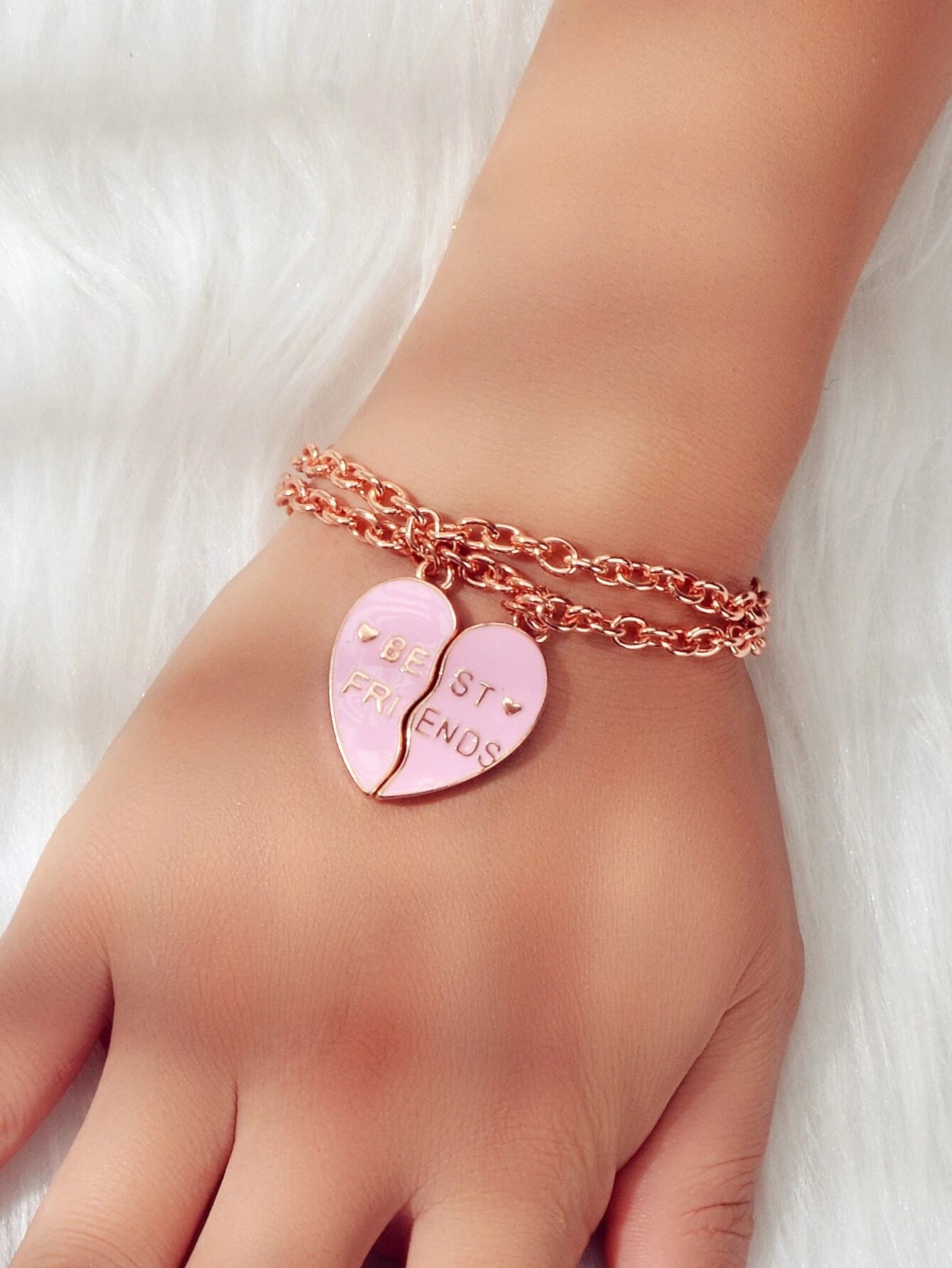 2pcs Rosegold Chain Black Pink Enamel Love Heart Charm Best Friends Bracelet-4