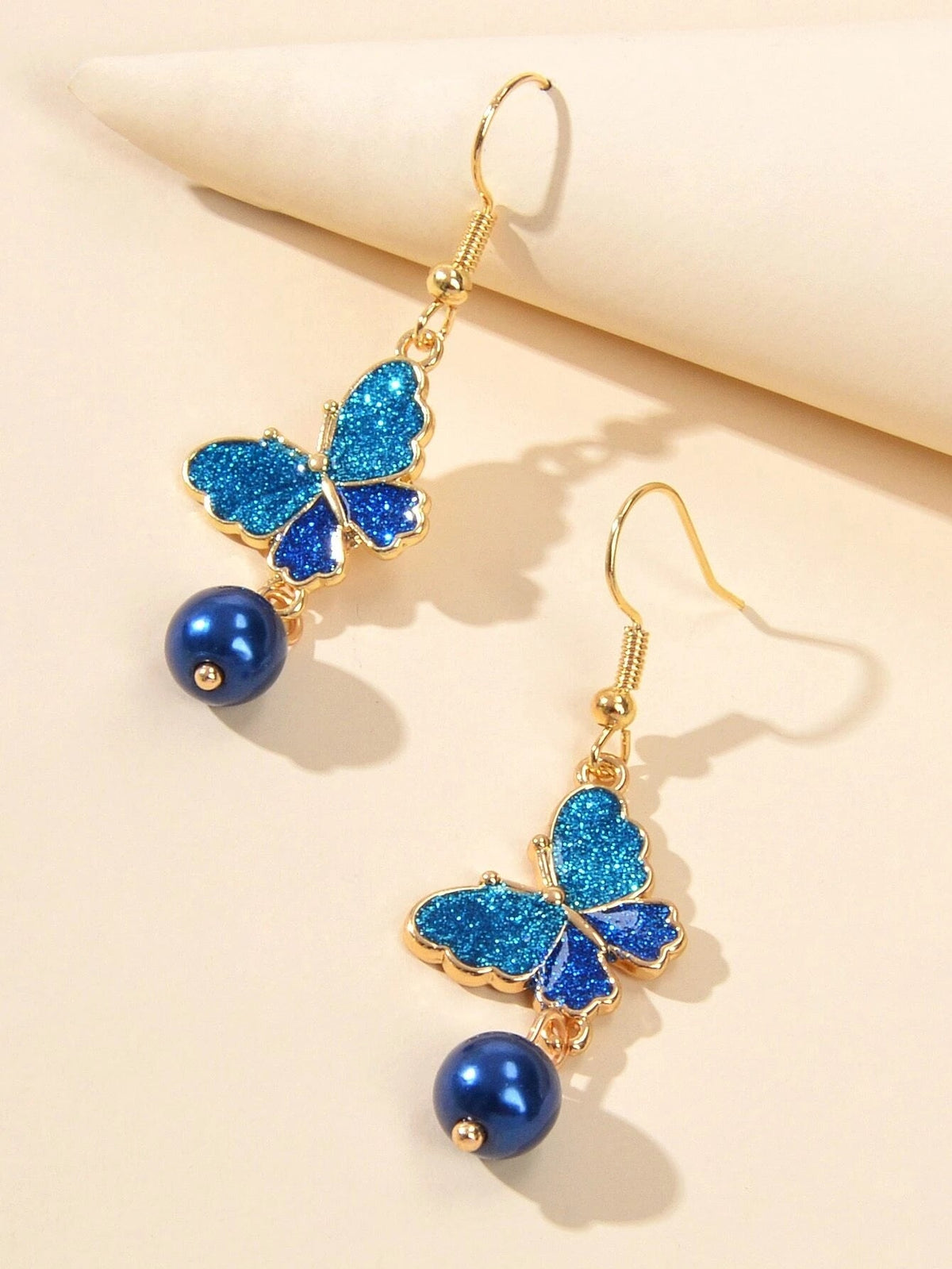 AU Stock Dark Blue Pearl Beads Butterfly Dangle Drop Earrings Bling Jewellery-2