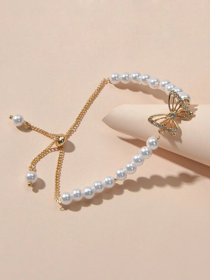 Fashion Jewellery Rhinestone Butterfly Charm Pearl Sliding Adjustable Bracelet-2