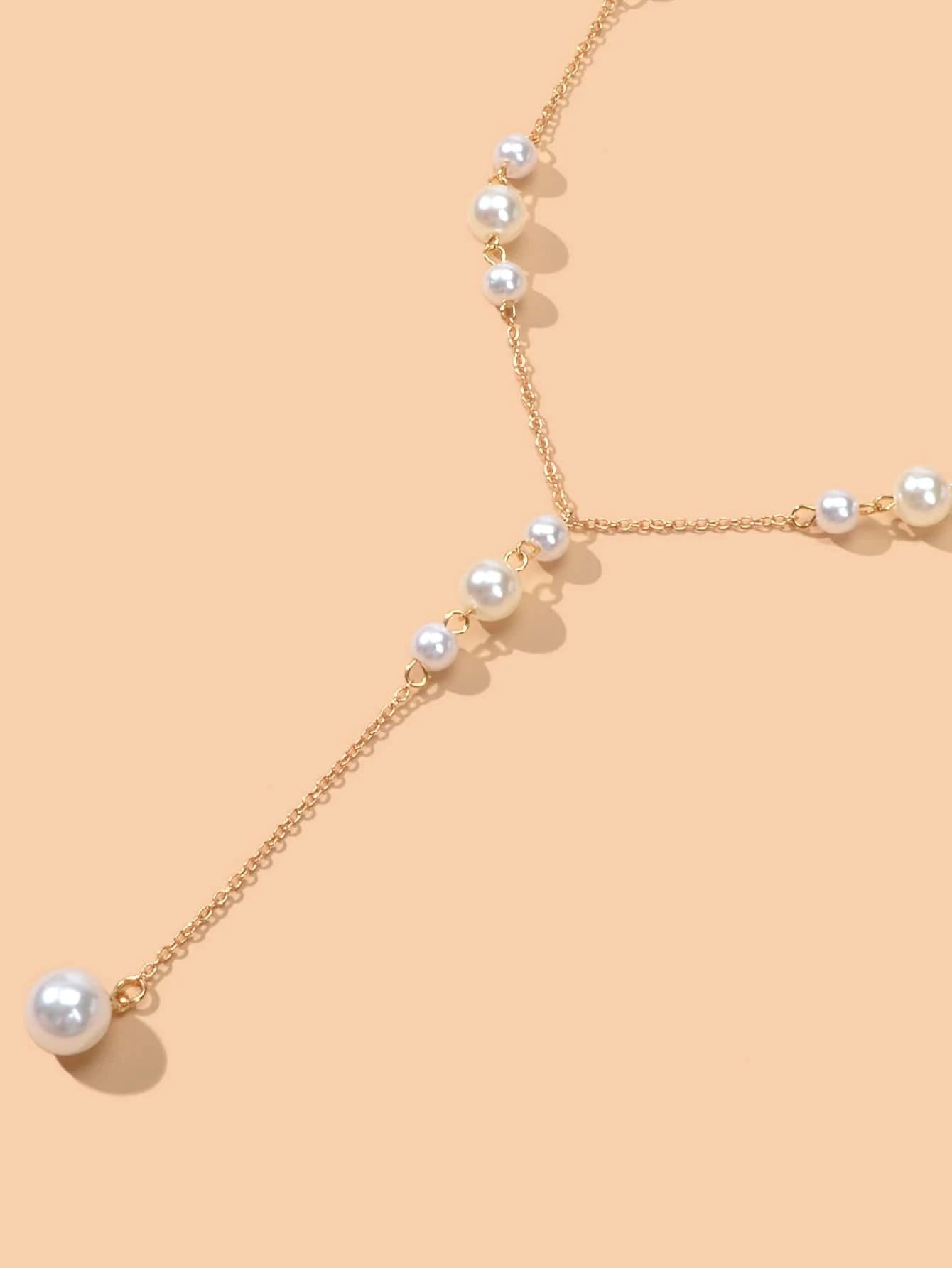 Pearl Decoration Long Gold Chain Y Shape Pendant Clavicle Necklace Teens Collar-2