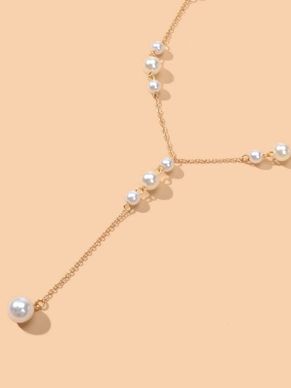 Pearl Decoration Long Gold Chain Y Shape Pendant Clavicle Necklace Teens Collar-2