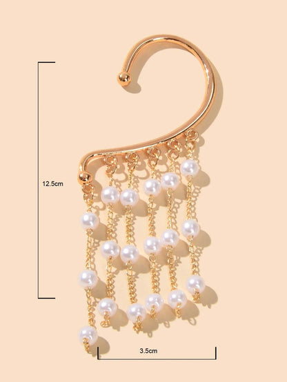 1 pc Pearl Decoration Long Gold Chain Tassel Ear Cuff Dangle Statement Earrings-2