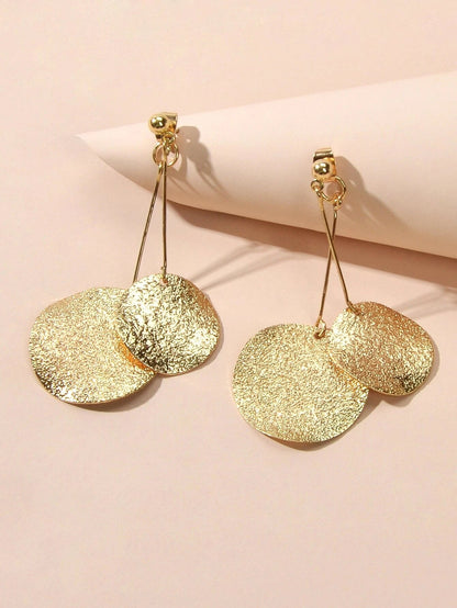 Gold Color Metal Geometric Drop Earrings Ear Jacket Stunning Disc Stud Jewellery-2