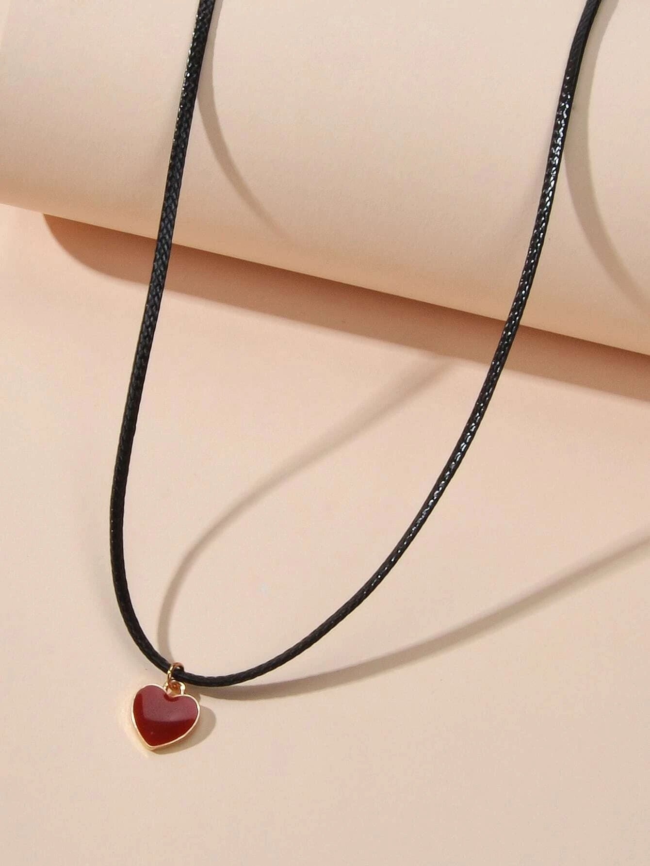 Fashion Jewellery Black Pu Leather Chain Red Heart Charm Women Choker Necklace-2