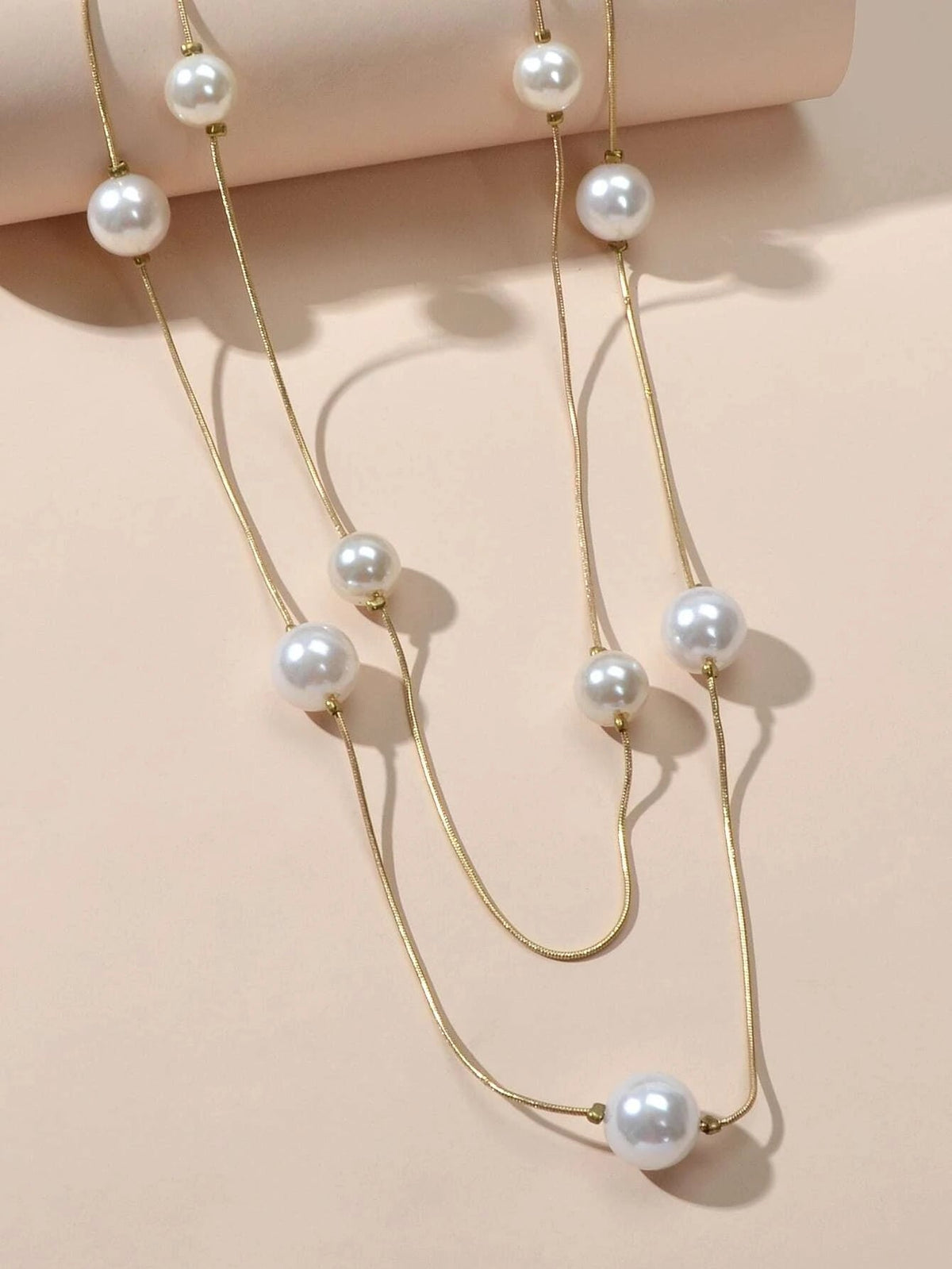 Double Layer Pearl Decor Gold Silver Chain Long Necklace Fashion Accessories-2