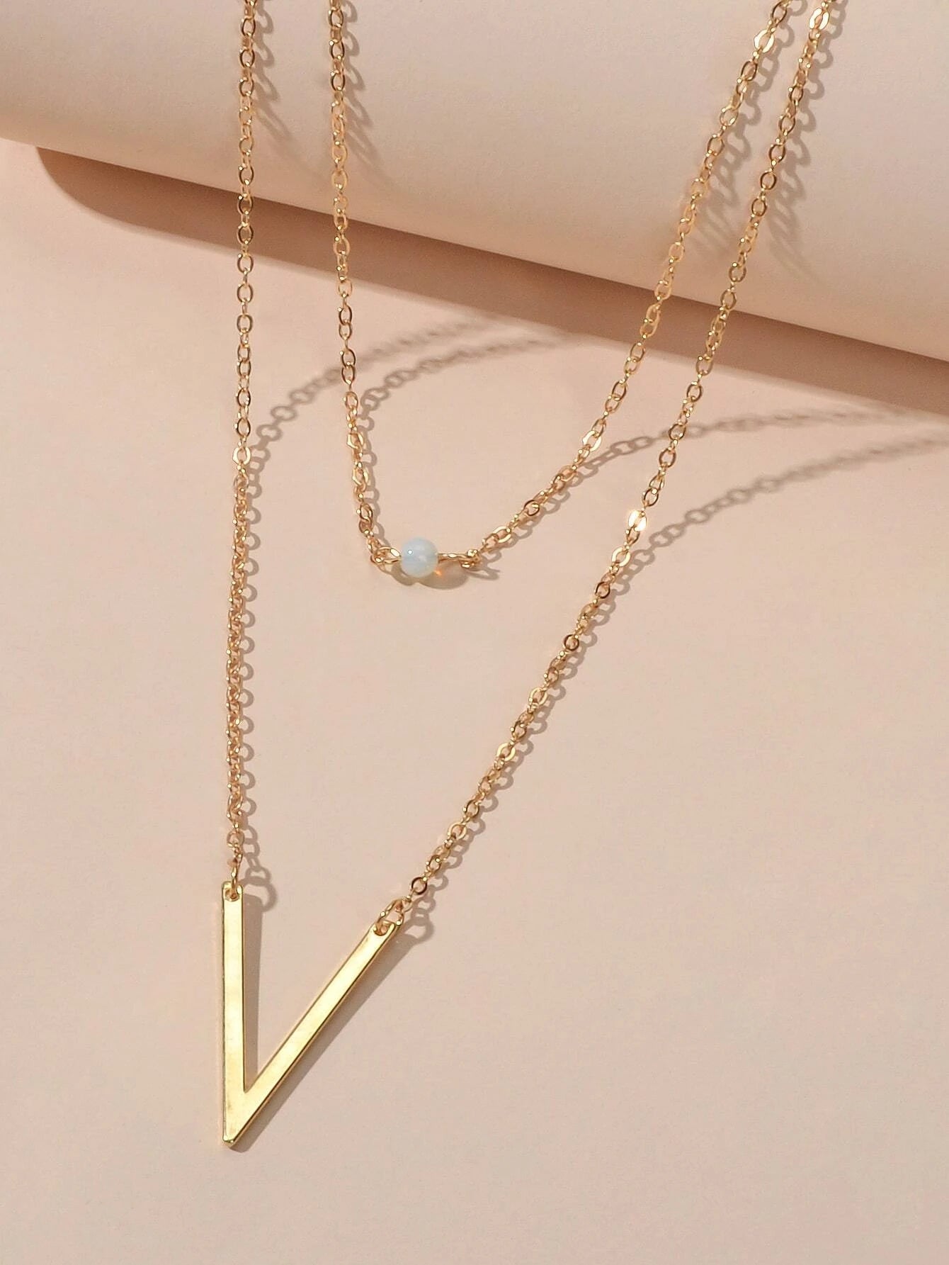 Double layer Gold Chain Letter V Shape Geometric Pendant Necklace Jewellery Gift-2