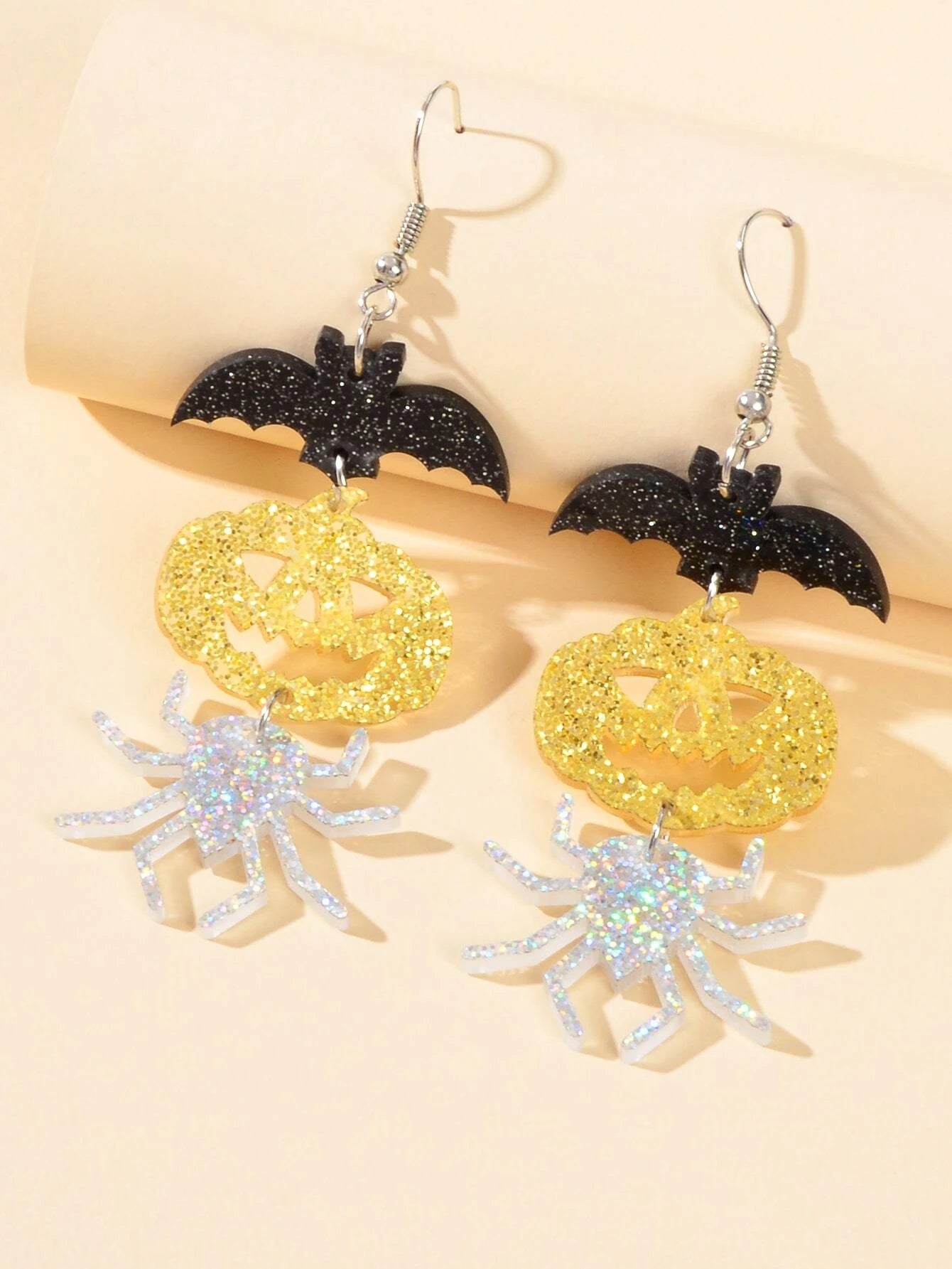 Halloween Gothic Acrylic Black Bat Spider Pumpkin Statement Drop Earrings Party-2