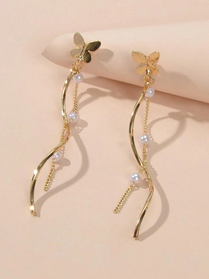 Fashion Pearl Decor Long Gold Chain Butterfly Geometric Dangle Women Earrings-2