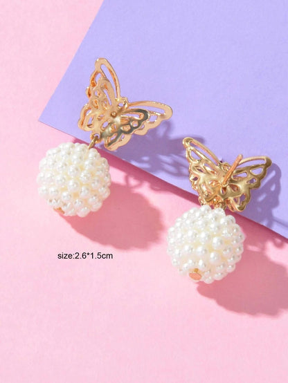 Faux Pearl Ball Gold Tone Butterfly Stud Earrings Women Teens Textured Jewellery-3