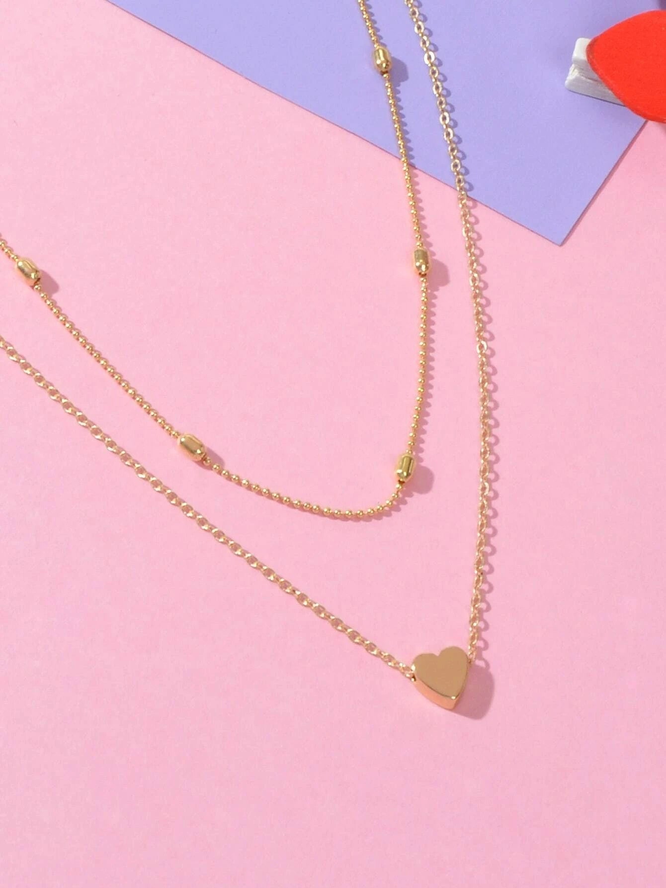 Double Layer Gold Chain Heart Charm Necklace Triangle Stud Earrings Jewelry Set-3