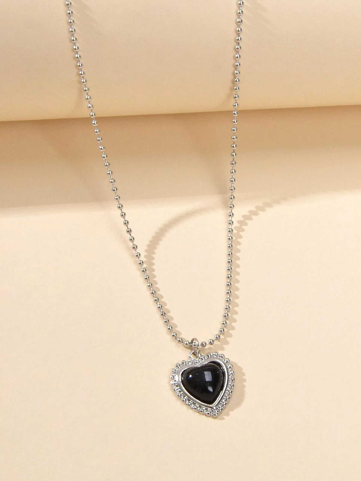Silver Ball Chain Black Love Heart Pendant Necklace Textured Collar Jewellery-2